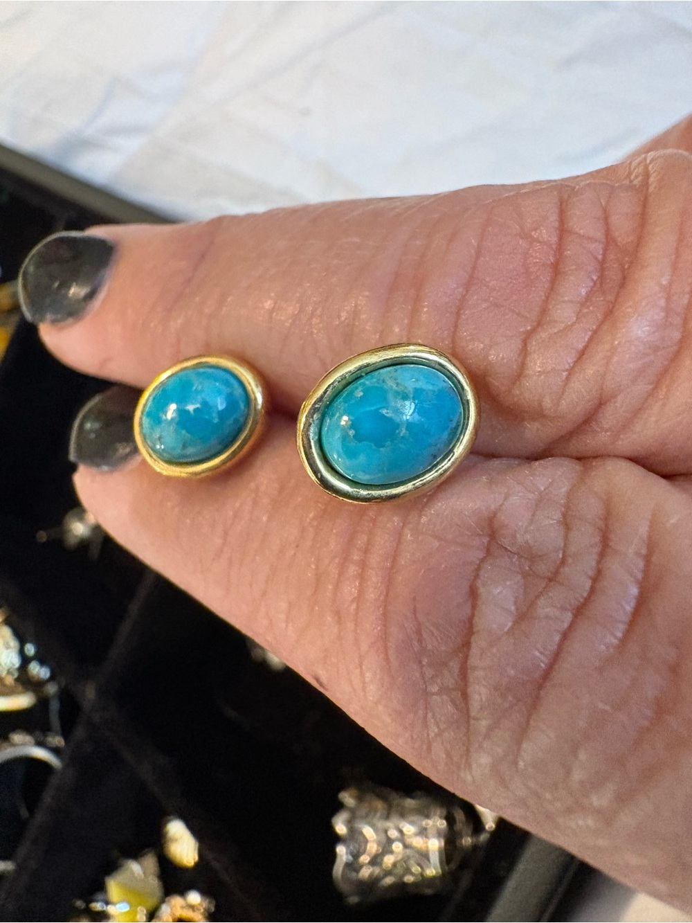 Gold-Set Turquoise Oval Stud Earrings - Bright Blue
